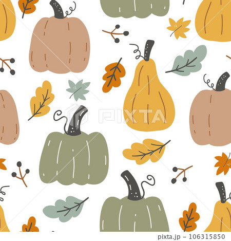 Seamless fall pattern with pumpkins and leaves on white background. Repeating texture of autumn harvest. Endless design with vegetables. Seamless fall pattern with pumpkins and leaves on white background. Repeating texture of autumn harvest. Endless design with vegetables. 106315850