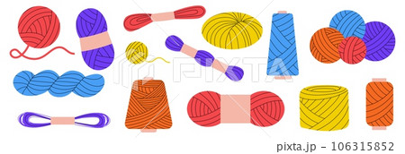Wool and spool collection. Cartoon handmade spool with thread yarn, colorful handmade textile equipment for sewing. Vector knitting and sewing set 106315852