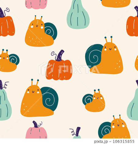 Seamless fall pattern with cute snail and pumpkins on white background. Repeating texture of autumn harvest. Colored hand-drawn vector illustration Seamless fall pattern with cute snail and pumpkins on white background. Repeating texture of autumn harvest. Colored hand-drawn vector illustration 106315855