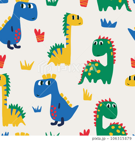 Childish repeating pattern with dinosaurs in Scandinavian style. Childish seamless pattern with hand-drawn dinosaurs 106315879
