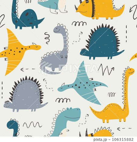Childish repeating pattern with dinosaurs in Scandinavian style. Childish seamless pattern with hand-drawn dinosaurs Childish repeating pattern with dinosaurs in Scandinavian style. Childish seamless pattern with hand-drawn dinosaurs 106315882