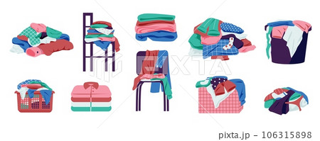 Clothes in piles and stacks. Dirty laundry bundle, messy stacks of clothes, chore of washing and drying. Vector messy laundry illustration 106315898