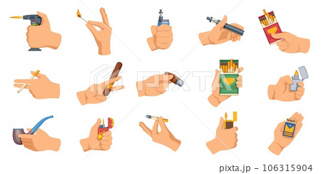 Hands with cigarettes. Cartoon men and women holding e-cigarette devices, modern electronic cigarette concept with vape liquid and vapor. Vector flat banner set 106315904