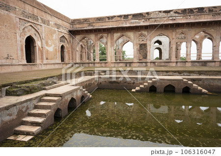 Baz Bahadur's Palace,  built on the hill slope to the east of the Rewa Kund which was frequently visited by his beloved Rani Rupati,  located in Mandu, Madhya Pradesh, India 106316047