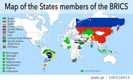 The map of new members join the BRICS group. Argentina, Egypt, Ethiopia, Iran, Saudi Arabia, and UAE 106316653