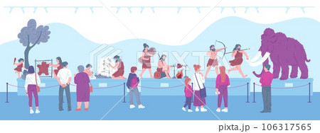 Museum visitors enjoying expositions about life cavemen ancient family, mammoth, vector excursion old time culture 106317565