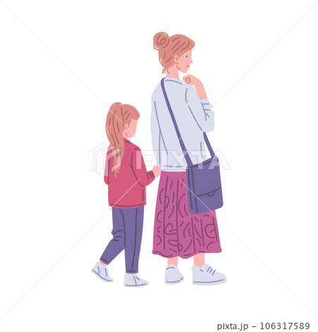 Woman walking hand in hand with daughter flat style, vector illustration Woman walking hand in hand with daughter flat style, vector illustration 106317589