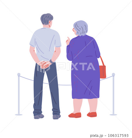 Old man and woman, pensioners standing near the fence, museum visitors enjoying expositions, back view vector illustration 106317593