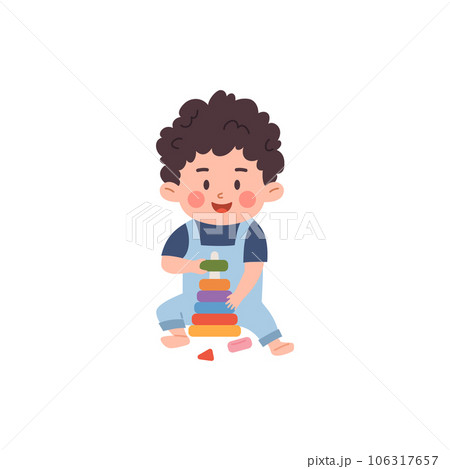 Cheerful toddler boy sitting collects pyramid of colored rings, cute baby playing toys, constructor vector illustration 106317657
