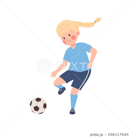 Young girl blonde with pigtail playing soccer, football cartoon child kicks the soccer ball vector isolated illustration Young girl blonde with pigtail playing soccer, football cartoon child kicks the soccer ball vector isolated illustration 106317684