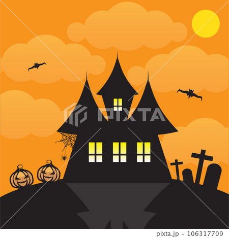 In Halloween night black mysterious house that looks palace with dark sky, the moon and orange cloud, silhouette of bat. A cemetery with pumpkins in front. For cute Halloween card, banner. In Halloween night black mysterious house that looks palace with dark sky, the moon and orange cloud, silhouette of bat. A cemetery with pumpkins in front. For cute Halloween card, banner. 106317709