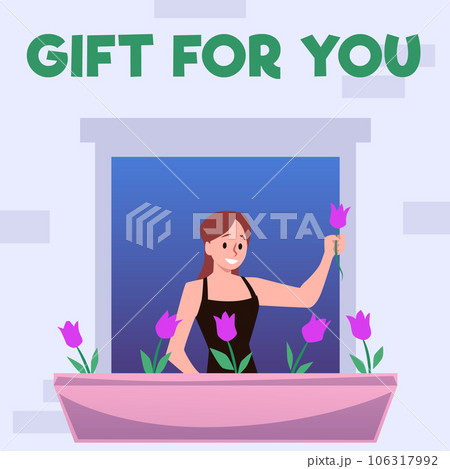 Woman growing tulip flowers outside of her window, gift for you inscription, flat vector illustration. Woman growing tulip flowers outside of her window, gift for you inscription, flat vector illustration. 106317992