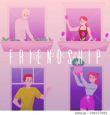 Neighbors greeting each other from balconies and windows, friendship concept poster, flat vector illustration. 106317993