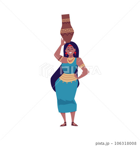 Happy Mayan woman holding vase above her head, flat vector illustration isolated on white background. 106318008