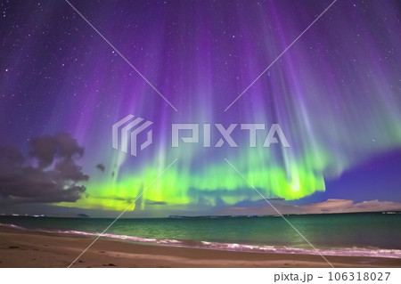 Northern Lights. Aurora. Iceland. Moment of greatest activity. Northern lights over the sea, snowy mountains. Starry sky. Winter landscape with aurora. Tree silhouette. Villages silhouette. 2023. 106318027