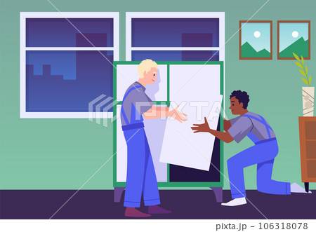 Professional handyman assembling dresser, flat vector illustration. Professional handyman assembling dresser, flat vector illustration. 106318078