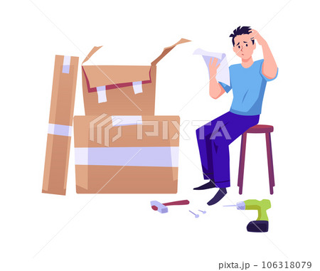 Confused man reads furniture assembly manual, flat vector illustration isolated on white background. 106318079