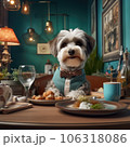 Cute dog sitting at the table in a coffee shop 106318086
