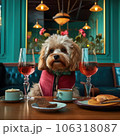 Cute dog sitting at the table in a coffee shop 106318087