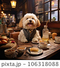 Cute dog sitting at the table in a coffee shop 106318088