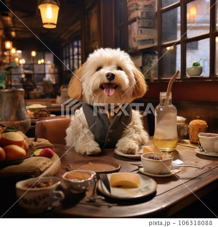 Cute dog sitting at the table in a coffee shop Cute dog sitting at the table in a coffee shop 106318088