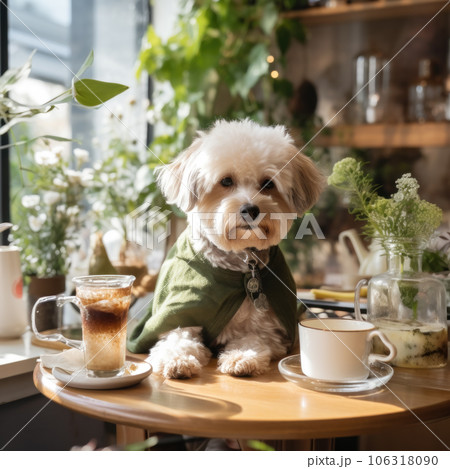 Cute dog sitting at the table in a coffee shop 106318090