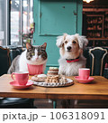 Cute dog sitting at the table in a coffee shop 106318091