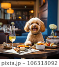 Cute dog sitting at the table in a coffee shop 106318092