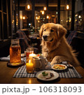 Cute dog sitting at the table in a coffee shop 106318093