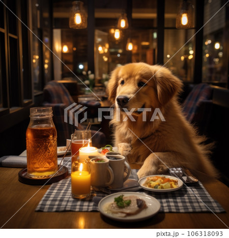 Cute dog sitting at the table in a coffee shop Cute dog sitting at the table in a coffee shop 106318093