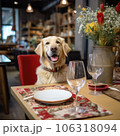 Cute dog sitting at the table in a coffee shop 106318094