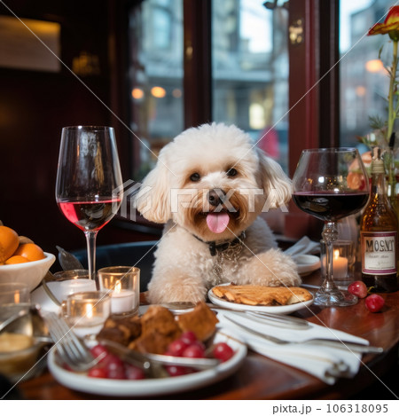 Cute dog sitting at the table in a coffee shop Cute dog sitting at the table in a coffee shop 106318095