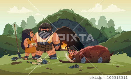 Prehistoric tribe. Cartoon primitive man and woman characters with bones and tools, prehistoric evolution flat characters lifestyle, hunting and routine. Vector illustration 106318311