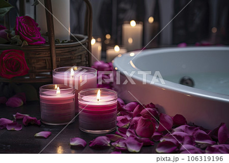 Romantic atmosphere. Burning scented candles and rose petals. 106319196