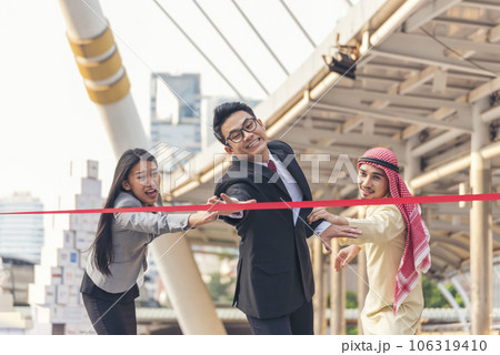 Multiethnic diversity people contest. Business competition group of business people in formal suit run to finish line success goal victory strategy. Competitive person race to be first place winner. 106319410