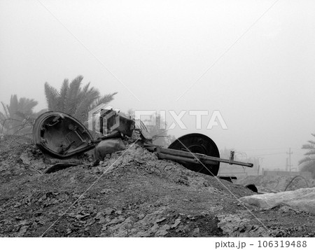 Military army vehicle tank on tracks with barrel after victorious war 106319488