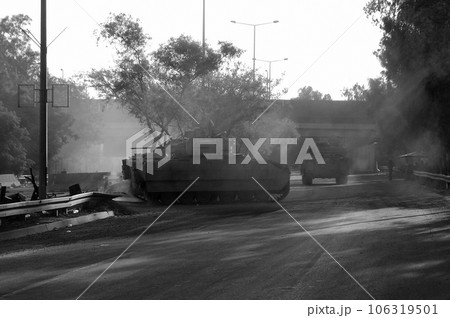 Military army vehicle tank on tracks with barrel after victorious war Military army vehicle tank on tracks with barrel after victorious war 106319501