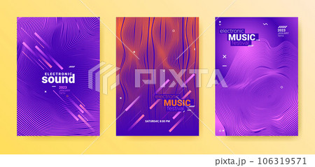 Electro Music Flyers Set. Techno Dance Cover. Gradient Distort Lines. Electro Music Flyers Set. Techno Dance Cover. Gradient Distort Lines. 106319571