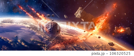 A meteorite flies to the planet earth in space, the end of civilization, banner A meteorite flies to the planet earth in space, the end of civilization, banner 106320525