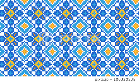 Ukrainian vector textile, fabric, cloth seamless pattern, print. Ukrainian folk, ethnic pattern in yellow and blue colors. Pixel art, vyshyvanka, cross stitch Ukrainian vector textile, fabric, cloth seamless pattern, print. Ukrainian folk, ethnic pattern in yellow and blue colors. Pixel art, vyshyvanka, cross stitch 106320538
