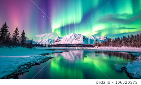 solar northern lights in the sky above mountain landscape with river solar northern lights in the sky above mountain landscape with river 106320575
