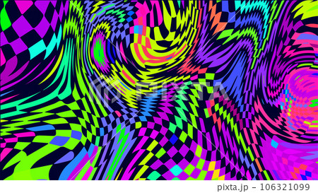 Distorted twisted checkered background. Trippy strip psychedelic pattern. 106321099