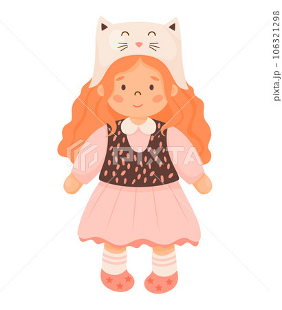 Children toy doll. Cute curly girl with long red hair in funny cat hat in pink dress. Vector illustration in cartoon style. kids collection. 106321298
