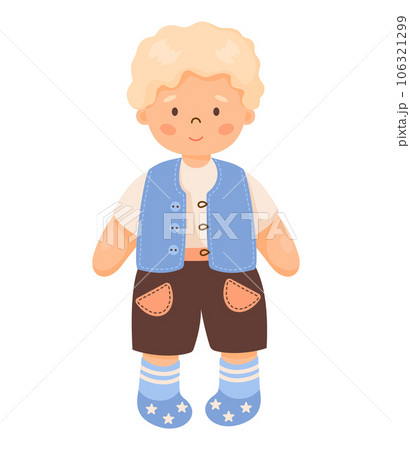 Children toy doll. Beautiful cute curly blond boy in vest and shorts. Vector illustration in cartoon style. kids collection. Children toy doll. Beautiful cute curly blond boy in vest and shorts. Vector illustration in cartoon style. kids collection. 106321299