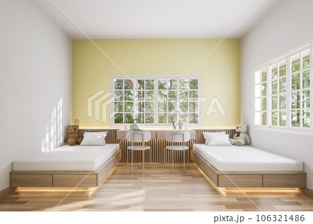 Modern contemporary kids double bedroom 3d render Modern contemporary kids double bedroom 3d render 106321486