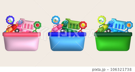 Kids toys box vector baby container with toyshop Water gun ,rattles ,piano keyboard set illustration 106321738