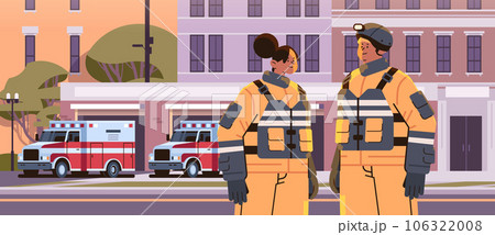firefighters in uniform standing near fire station building department house facade and red emergency vehicles horizontal firefighters in uniform standing near fire station building department house facade and red emergency vehicles horizontal 106322008