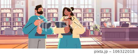 man woman teachers couple reading books in library happy labor day celebration concept horizontal man woman teachers couple reading books in library happy labor day celebration concept horizontal 106322018