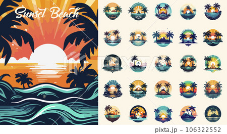 Summer beach island with palm trees in the ocean. Vector emblem of travel, holiday, resort. Vector Logo collection 106322552