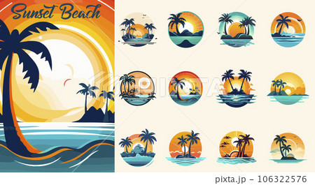 Summer beach island with palm trees in the ocean. Vector emblem of travel, holiday, resort. Vector Logo collection Summer beach island with palm trees in the ocean. Vector emblem of travel, holiday, resort. Vector Logo collection 106322576